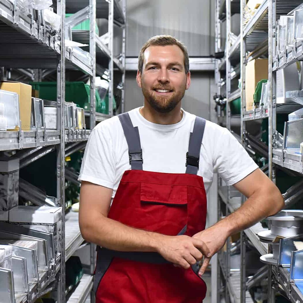Inventory specialist in warehouse with metal shelving filled with hardware and supplies, demonstrating efficient inventory management.