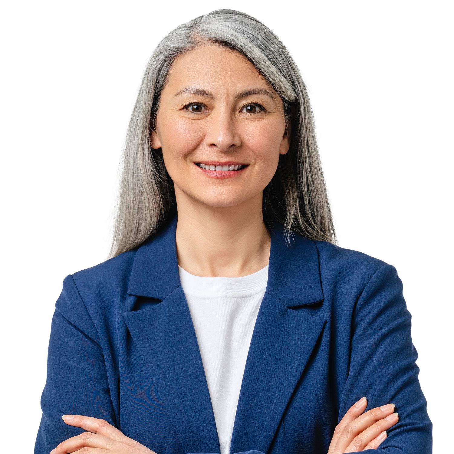 Confident professional woman with gray hair in a blue blazer, smiling and facing forward against a white background, representing expertise in inventory management and specialist services.