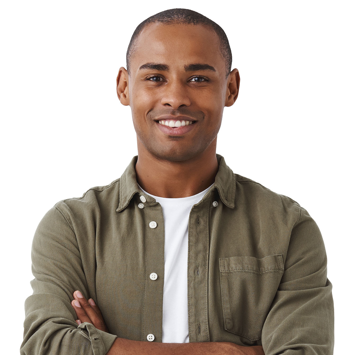 Young man smiling, cross arms, casual clothing, professional portrait for inventory specialists, friendly and confident, emphasizing customer service and expertise in inventory management.