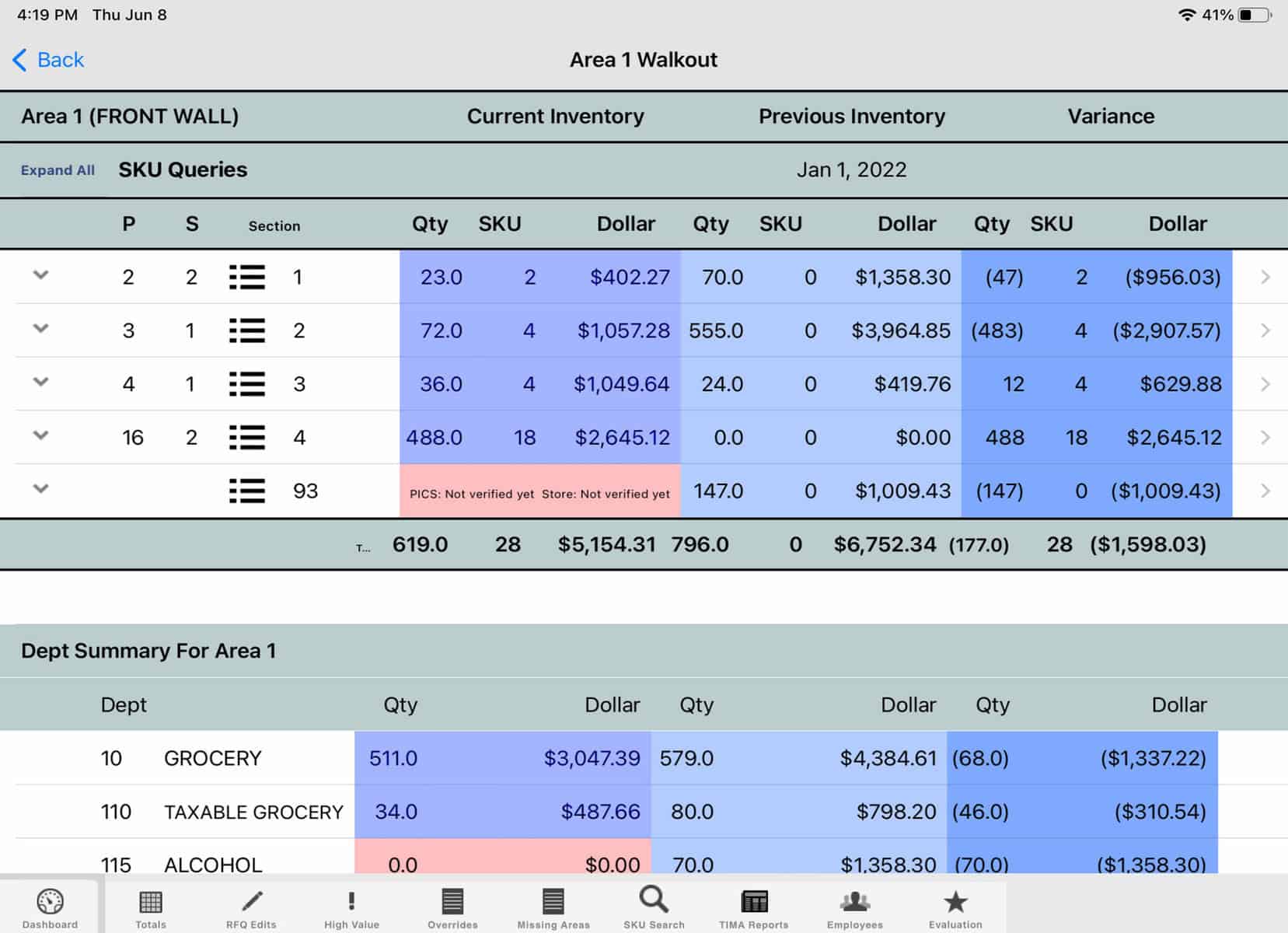 Inventory management screenshot showing SKU queries and department summaries for efficient stock control.