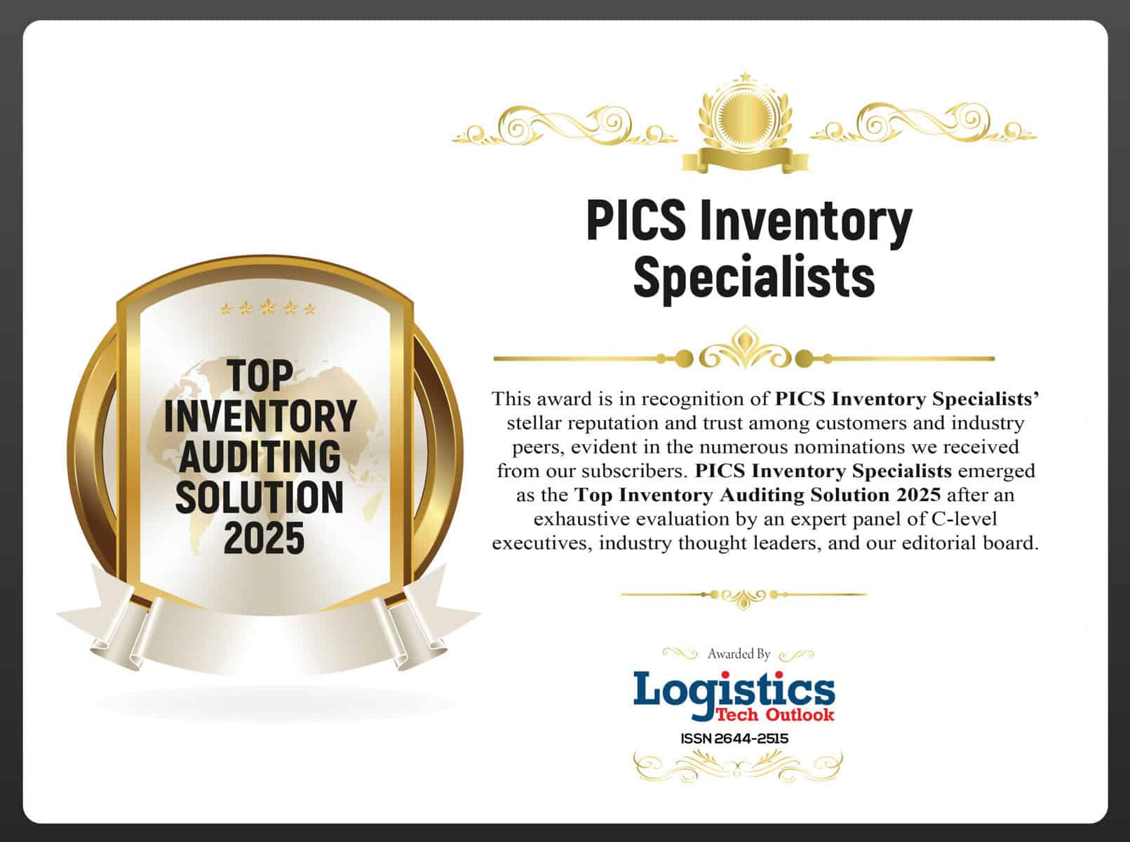 Top inventory auditing solution award certificate for PICS Inventory Specialists in 2025, highlighting industry trust and recognition in inventory management solutions.