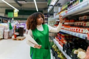 Inventory specialist selecting products on store shelves for stock management and inventory control.