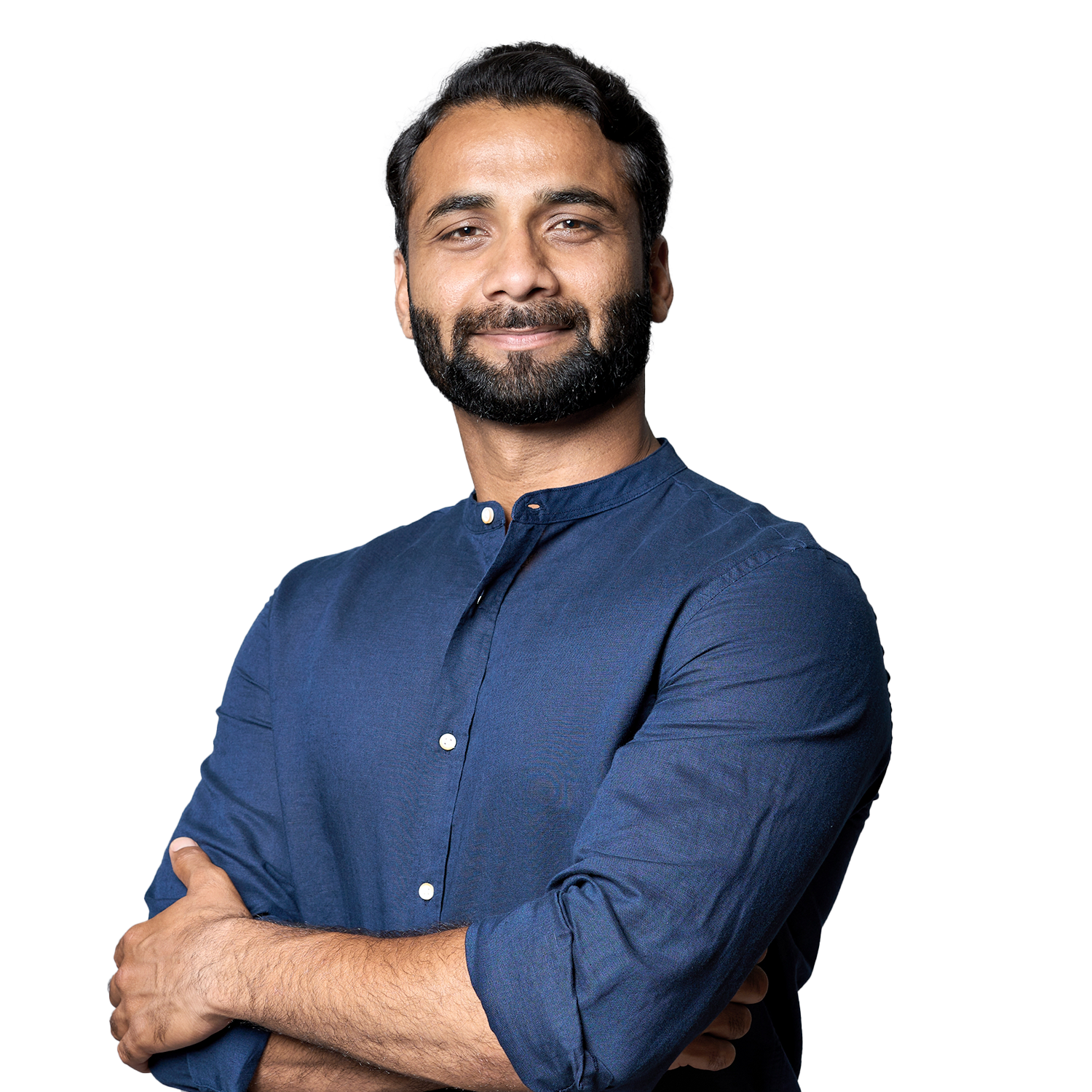 Professional inventory specialist in a blue shirt, smiling confidently for inventory management and asset tracking services.