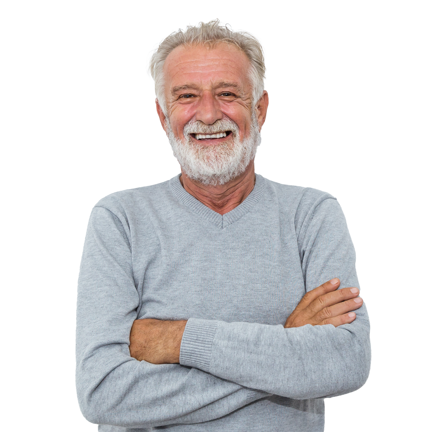 Comprehensive inventory management expert smiling elderly man with crossed arms in gray sweater showcasing efficient inventory solutions at PICS | Inventory Specialists.