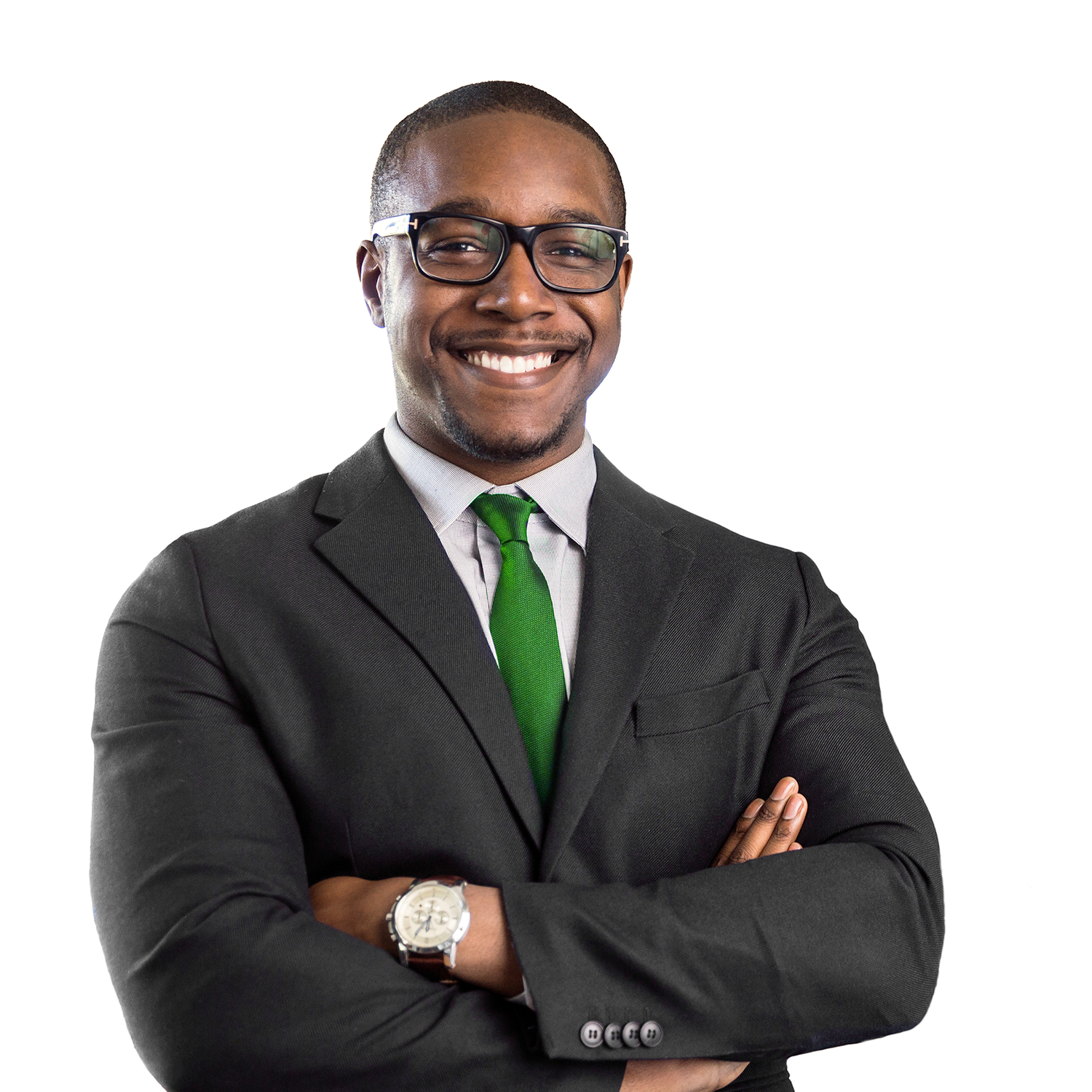 Professional businessman in a suit and tie with glasses, smiling confidently for a corporate or business inventory management photo.