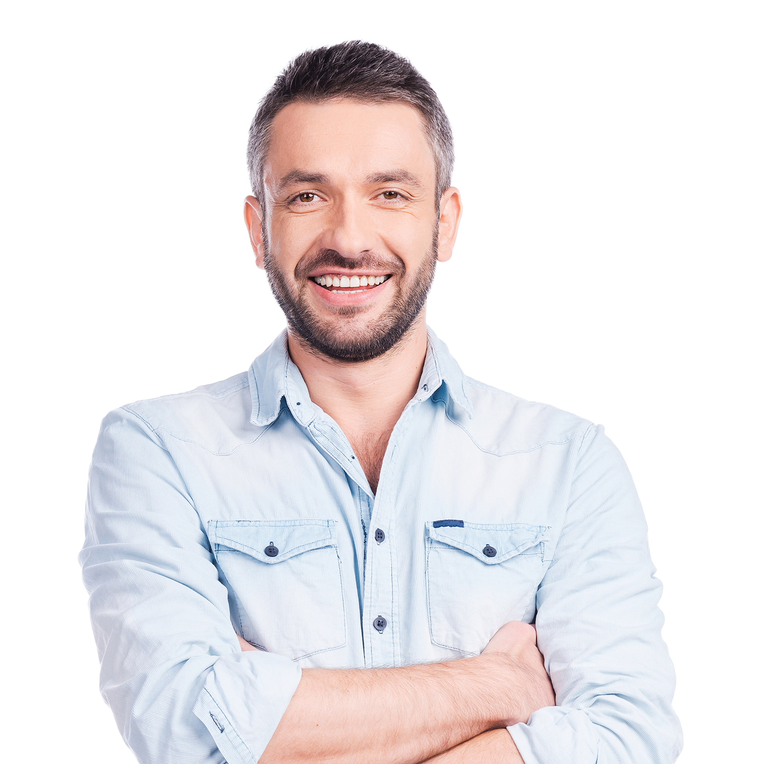 Smiling man with arms crossed, casual light blue shirt, professional portrait emphasizing friendly and approachable inventory specialist.