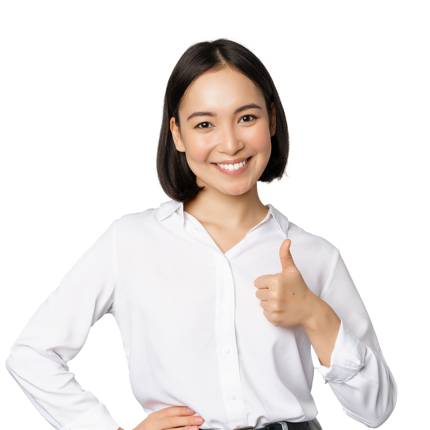 Inventory specialist smiling woman showing thumbs up, professional woman in white shirt emphasizing inventory management and customer service excellence in organizational roles, confident expression, clean background.