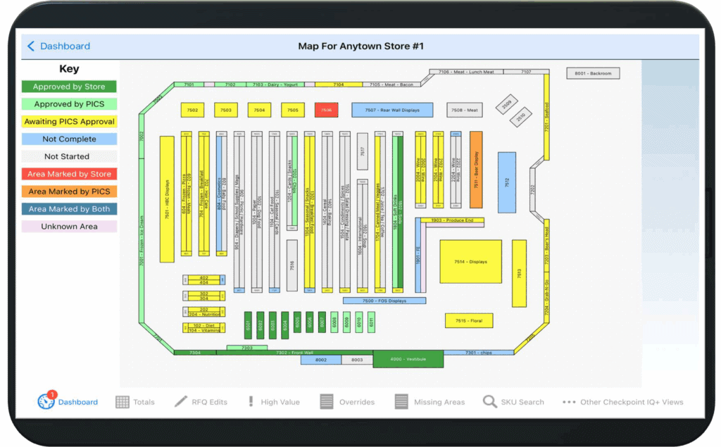 Map of retail store inventory layout with color-coded sections indicating approval status by PICS and store, showcasing warehouse zoning for efficient inventory management.