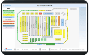 Map of retail store inventory layout with color-coded sections indicating approval status by PICS and store, showcasing warehouse zoning for efficient inventory management.